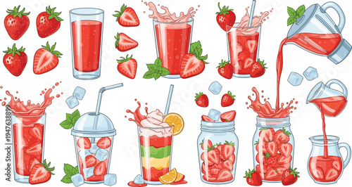 Strawberry Juice and Fresh Fruit Drink Collection with Smoothies, Lemonade, GlaBeverage Illustration SetStrawberry Juice and Fresh Fruit Drink Collection with Smoothies, Lemonade, Glass Jars and Splas