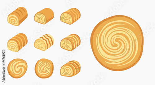 A collection of swirled pastries arranged on a surface, showcasing various cuts and angles.