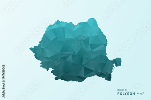 Romania Map - Polygon style vector illustration in teal blue-green low poly geometric design, modern minimal silhouette.