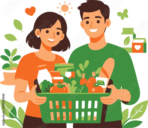Healthy Grocery Shopping Couple with Basket of Fresh Vegetables and Food