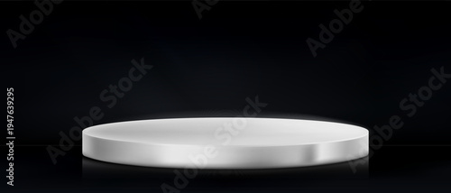 Round podium platform for product presentation. Minimal pedestal stage for display, showcase, advertising, branding. Modern design concept. Vector illustration. Realistic 3D scene mockup. Silver.