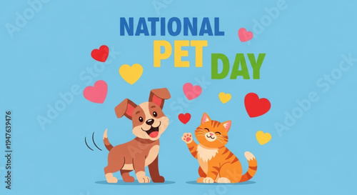 National pet day illustration of happy dog and cat with hearts