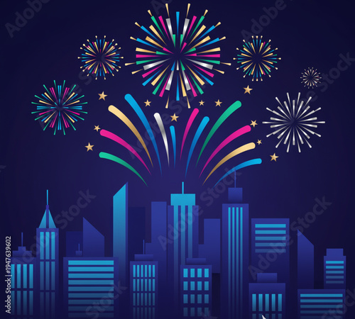 Couple embracing under fireworks celebrating New Year's Eve on cityscape background