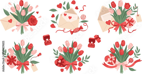 Romantic Tulip Bouquet and Love Letter Collection with Hearts, Gift Rings and Floral Arrangements for Valentine Greeting DesignRomantic Tulip Bouquet and Love Letter Collection with Hearts, 