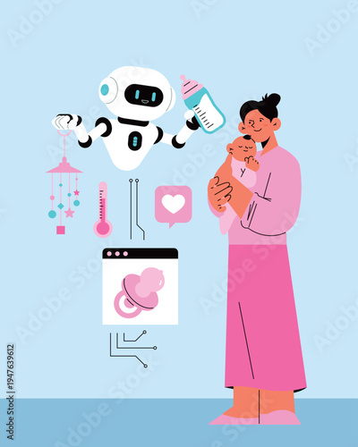 Flat illustration of smart AI robot helper for mother and baby care. AI robot assisting mother with baby care and smart parenting.