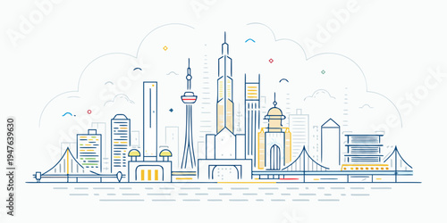 Linear illustration of a modern cityscape possibly representing shanghai