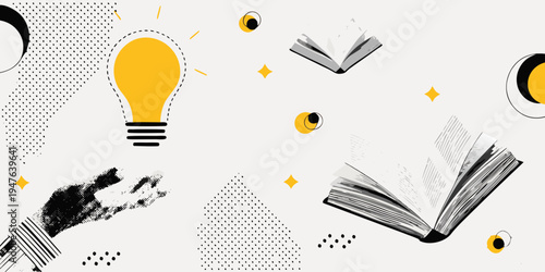 An illustration featuring a lightbulb open books and abstract shapes