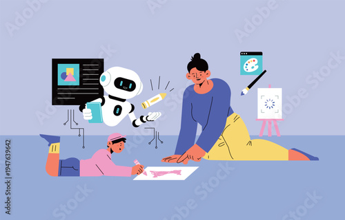 AI robot assisting child and mother with creative art education. Flat illustration of artificial intelligence robot helping kids in art class.