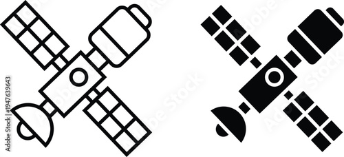 Black and white satellites with solar panels and dish antennas in space