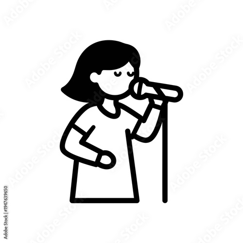 Young Girl Singing into a Microphone - Line Art vector illustration
