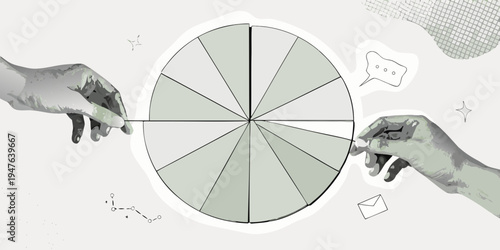 Hands reaching towards a segmented circle with abstract graphic elements