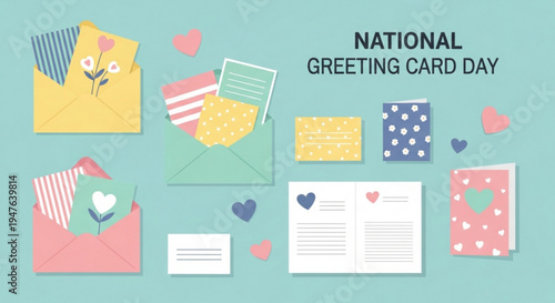 National greeting card day colorful illustration with hearts and cards