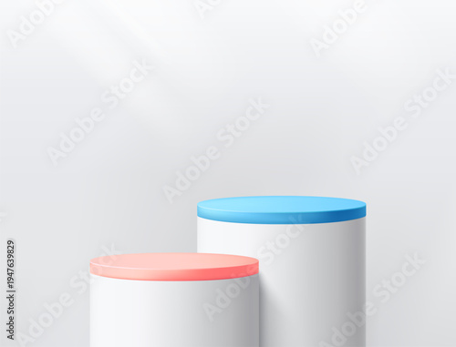 Round podium platform for product presentation. Minimal pedestal stage for display, showcase, advertising, branding. Modern design concept. Vector illustration. Realistic 3D scene mockup. White color.