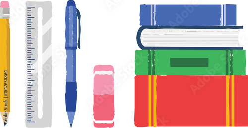 Flat Design Illustration of School Stationery Items Including Pencil, Ruler, Pen, Eraser, and Books for Education and Learning Themes