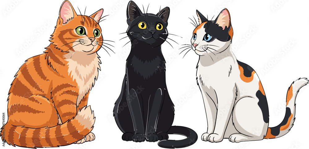 Obraz premium Cartoon Illustration of Three Cute Cats with Different Fur Colors for Pet, Animal, and Cat Lovers Themes