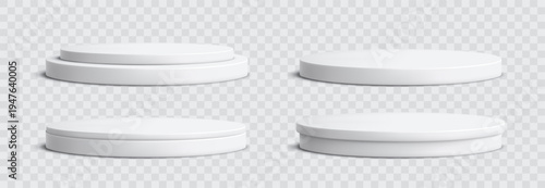 Round podium platform for product presentation. Minimal pedestal stage for display, showcase, advertising, branding. Modern design concept. Vector illustration. Realistic 3D scene mockup. White color.