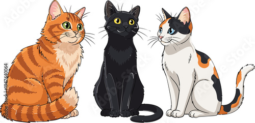 Cartoon Illustration of Three Cute Cats with Different Fur Colors for Pet, Animal, and Cat Lovers Themes