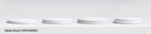 Round podium platform set for product presentation. Minimal pedestal stage for display, showcase, advertising, branding. Modern design concept. Vector illustration. Realistic scene. White color.