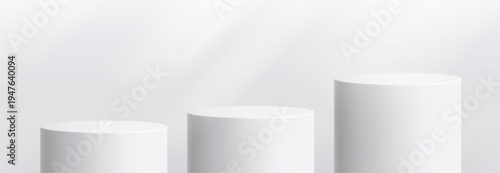 Round podium platform for product presentation. Minimal pedestal stage for display, showcase, advertising, branding. Modern design concept. Vector illustration. Realistic 3D scene mockup. White color.