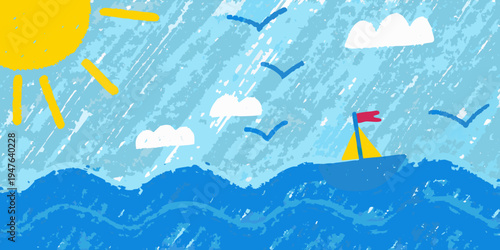 A childlike drawing depicts a sunny seascape with waves and a sailboat