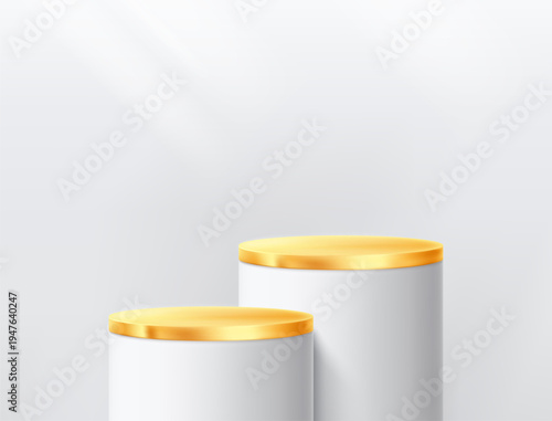 Round podium platform for product presentation. Minimal pedestal stage for display, showcase, advertising, branding. Modern design concept. Vector illustration. Realistic 3D scene mockup. White color.