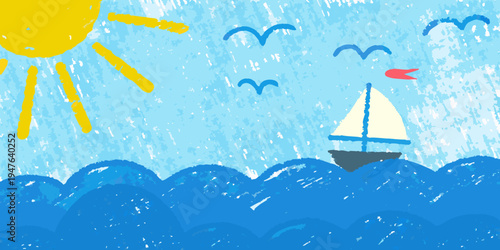 A child s crayon drawing depicts a sunny seascape with a sailboat