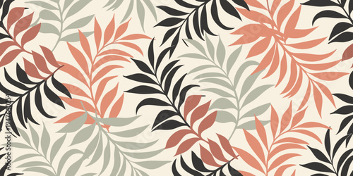 A seamless pattern of tropical leaves in shades of orange gray and black