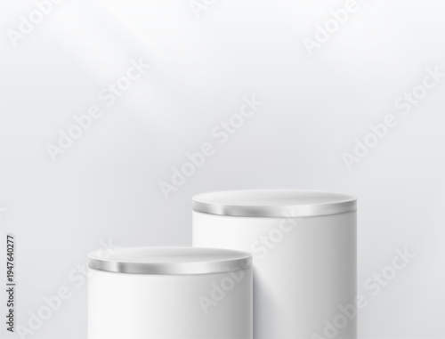 Round podium platform for product presentation. Minimal pedestal stage for display, showcase, advertising, branding. Modern design concept. Vector illustration. Realistic 3D scene mockup. White color.