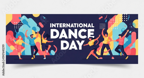 International dance day colorful banner with dancing people and abstract shapes on dark blue background