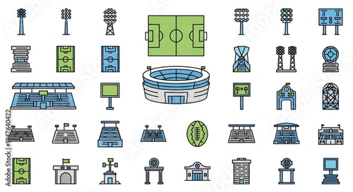 Collection of Soccer Stadium and Field Icons for Sports Design.