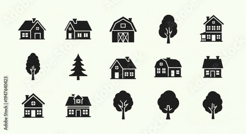 Collection of Silhouette Houses and Trees Vector Icons.