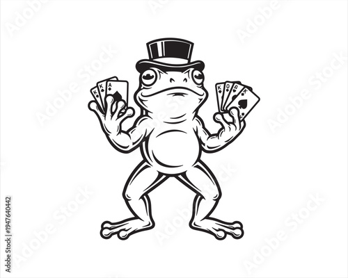 Frog Gambler with Playing Cards Line Art Illustration – Cartoon Casino Frog Character