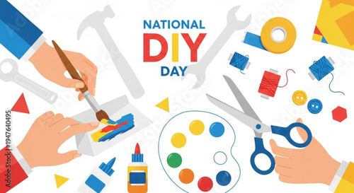 National diy day illustration with hands painting cutting and crafting on a white background with colorful tools