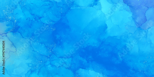 abstract background featuring layered washes of bright blue watercolor paint wash texture for ocean and summer design.