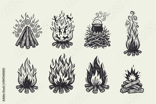 Vintage Hand-Drawn Campfire and Bonfire Illustration Set
