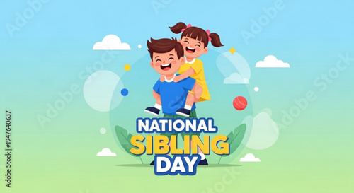 Happy national sibling day illustration with smiling kids on green background with clouds