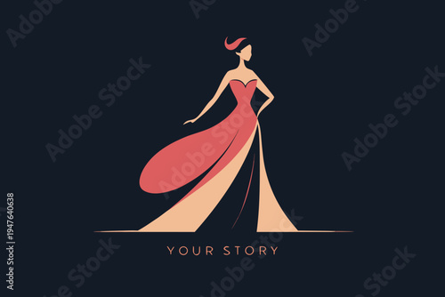 A stylized illustration depicts a woman in a flowing red gown on a dark background