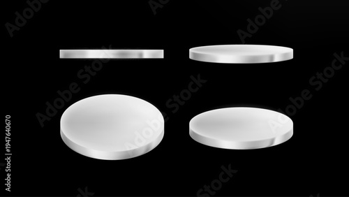 Round podium platform for product presentation. Minimal pedestal stage for display, showcase, advertising, branding. Modern design concept. Vector illustration. Different angles rotation. Silver coin.