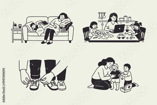 Motherhood and Parenting Scenes Illustration Set
