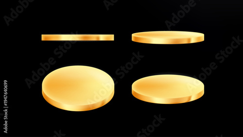 Round podium platform for product presentation. Minimal pedestal stage for display, showcase, advertising, branding. Modern design concept. Vector illustration. Different angles rotation. Golden coin.