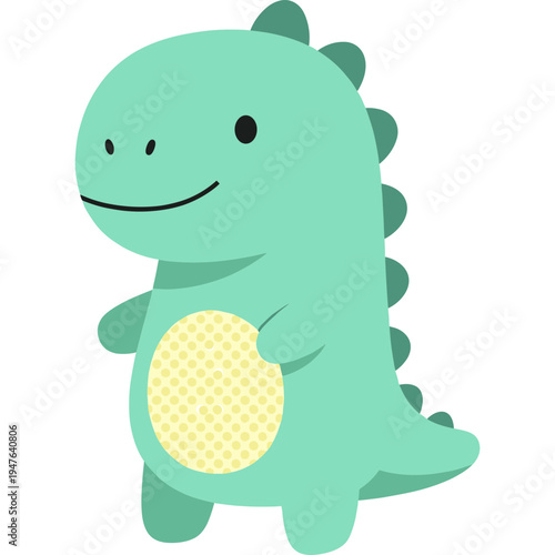 A cute green dinosaur character holding a yellow object and smiling.