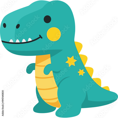 A smiling cartoon dinosaur with yellow stars on its body stands happily