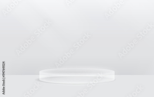 Round podium platform for product presentation. Minimal pedestal stage for display, showcase, advertising, branding. Modern design concept. Vector illustration. Realistic 3D scene mockup. White color.