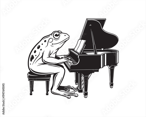 Funny Frog Playing Piano Line Art Illustration – Cartoon Animal Musician