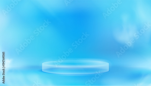 Round podium platform for product presentation. Minimal pedestal stage for display, showcase, advertising, branding. Modern design concept. Vector illustration. Realistic 3D scene mockup. Blue color.