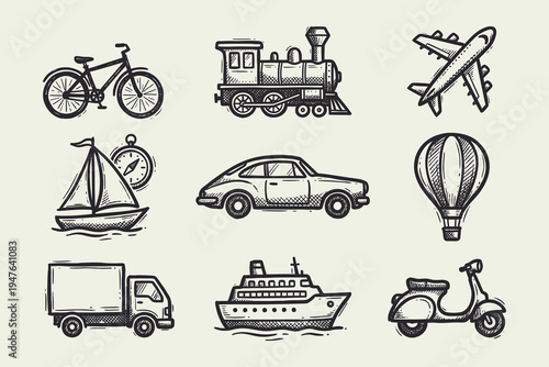 Set of Hand-Drawn Vintage Transport Icons