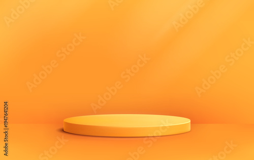 Round podium platform for product presentation. Minimal pedestal stage for display, showcase, advertising, branding. Modern design concept. Vector illustration. Realistic 3D scene mockup. Orange color
