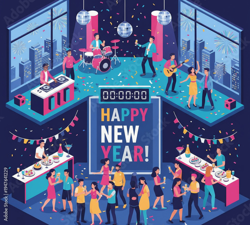 Festive New Year's Eve Celebration with Live Music, Dancing, and Countdown in a Modern Cityscape Venue