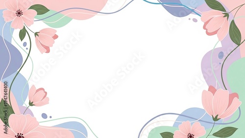 Elegant pastel floral border with pink blooming flowers and abstract liquid shapes on white background for greeting card or spring poster