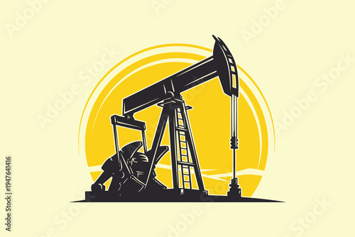 Industrial Oil Well Pump Jack Silhouette against Yellow Sun
